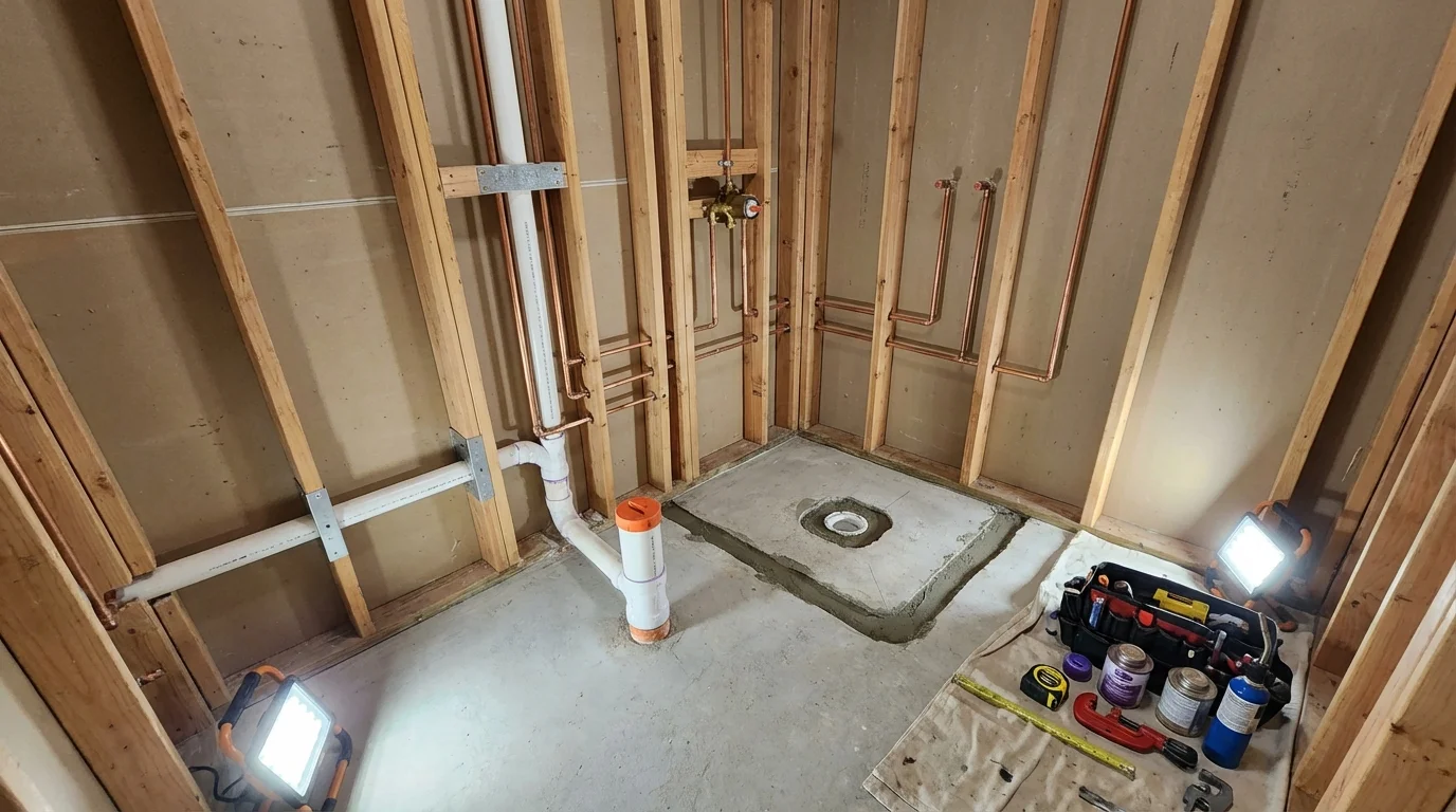 Bathroom rough-in plumbing during remodel by Johns Plumbing LLC in Clark