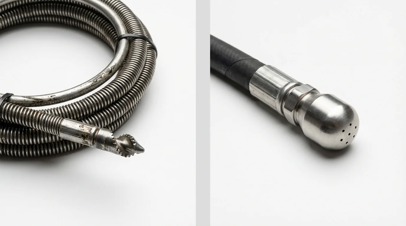 Drain snake cable and hydro jetting nozzle used for drain cleaning in Clark, NJ