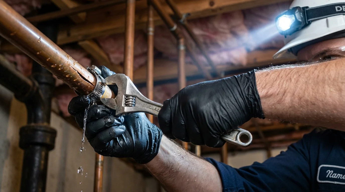 Emergency pipe clamp repair being performed by a Johns Plumbing LLC plumber in Clark