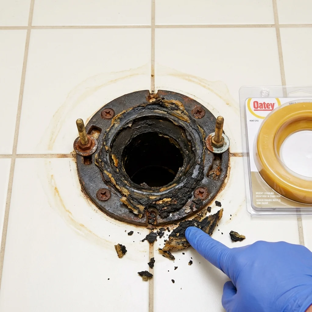 Failed wax ring showing water seepage at the base of a toilet in a Clark, NJ home