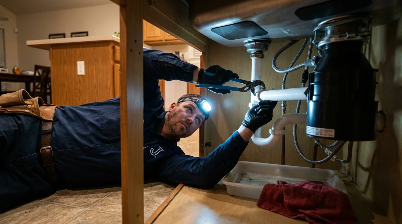 P-trap and supply line connections under a kitchen sink showing a common leak point in Clark, NJ